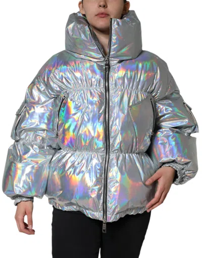 Pre-owned Dolce & Gabbana Silver Iridescent Puffer Full Zip Coat Women's Jacket ()