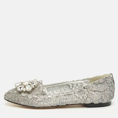 Pre-owned Dolce & Gabbana Silver Lace Crystal Embellished Taormina Ballet Flats Size 37