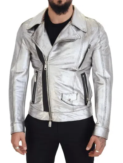 Pre-owned Dolce & Gabbana Silver Leather Biker Coat Lambskin Men's Jacket ()