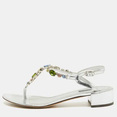 Pre-owned Dolce & Gabbana Silver Leather Crystal Embellished Slingback Sandals Size 40
