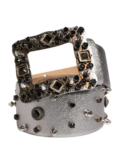 Dolce & Gabbana Silver Leather Crystal Metal Buckle Women's Belt