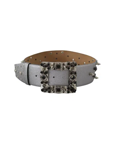 Dolce & Gabbana Silver Leather Crystal Stud Logo B