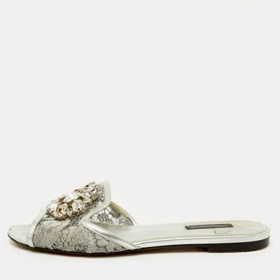 Pre-owned Dolce & Gabbana Silver Mesh And Leather Flat Slides Size 38