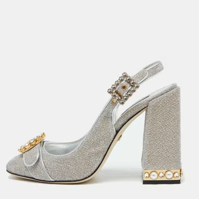 Pre-owned Dolce & Gabbana Silver Metallic Fabric Crystal Embellished Block Heel Pumps Size 41