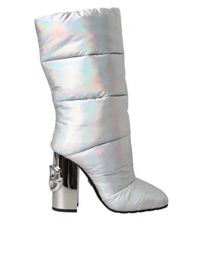 Dolce & Gabbana Silver Padded Dg Logo Heels Boots Shoes