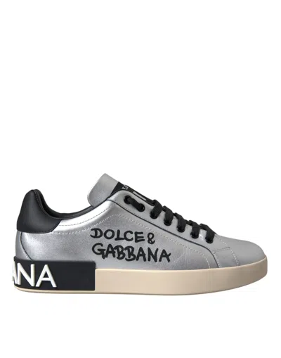 Dolce & Gabbana Silver Portofino Calf Leather Trainers Men Shoes In Purple