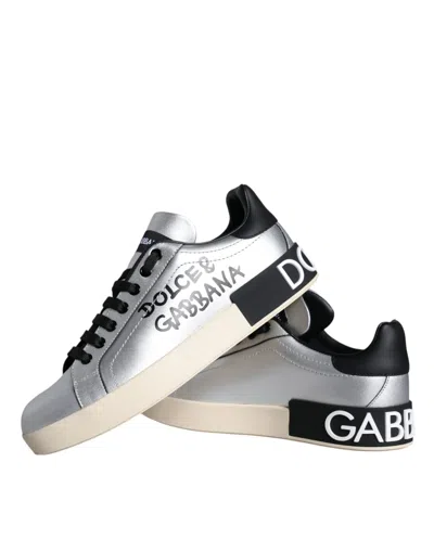 Dolce & Gabbana Silver Portofino Calf Leather Sneakers Shoes In White