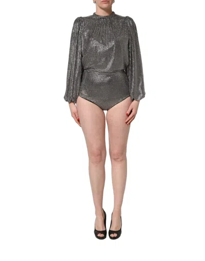 Dolce & Gabbana Silver Rhinestones Long Sleeves Bodysuit Mini Women's Dress