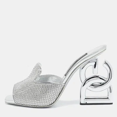 Pre-owned Dolce & Gabbana Silver Satin Crystal Embellished Keira Slide Sandals Size 41
