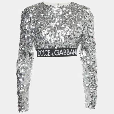 Pre-owned Dolce & Gabbana Silver Sequin Tulle Logo Trim Detail Crop Top M