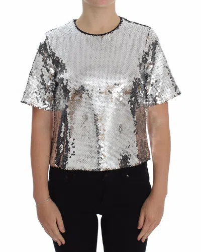 Dolce & Gabbana Silver Sequined Crewneck Blouse T-shirt Women's Top