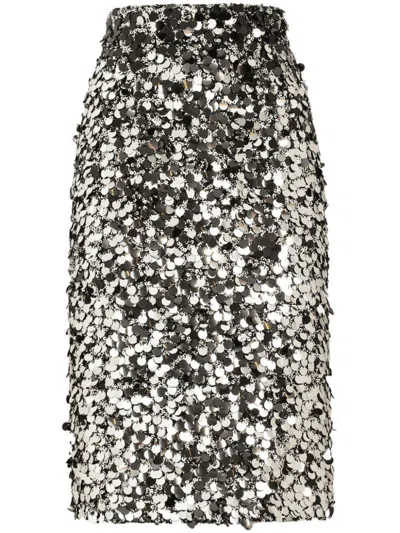 DOLCE & GABBANA SILVER SEQUINED MIDI SKIRT