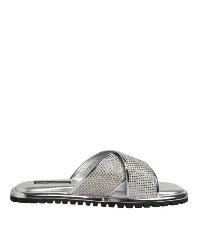 Dolce & Gabbana Silver Strass Slides Flats Slippers Men's Shoes In Multi