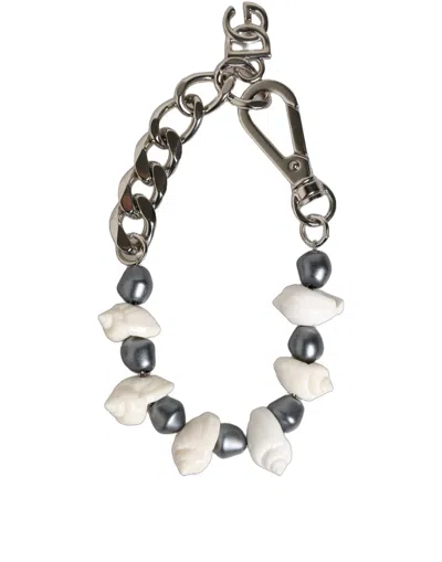 Dolce & Gabbana Silver Tone Brass Beaded Shell Dg Logo Pendant Bracelet In Multi