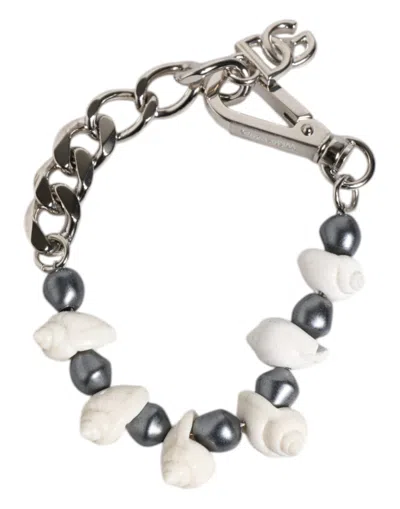 Dolce & Gabbana Silver Tone Brass Beaded Shell Dg Logo Pendant Men's Bracelet