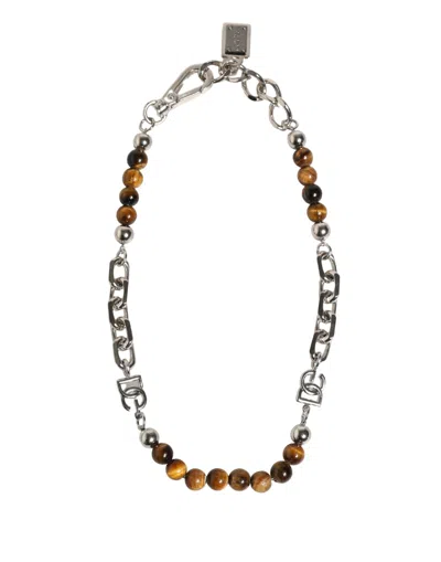 Dolce & Gabbana Silver Tone Brass Chain Beaded Gem Dg Logo Bracelet In Metallic