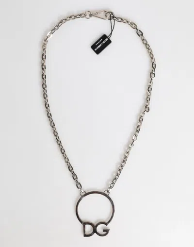 Dolce & Gabbana Silver Tone Brass Chain Dg Logo Pendant Men Necklace