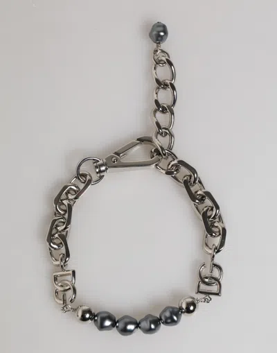 Dolce & Gabbana Silver Tone Chain Lobster Clasp Logo Gray Pearls Bracelet