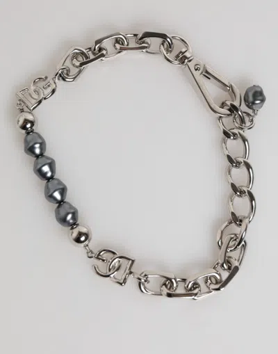 Pre-owned Dolce & Gabbana Silver Tone Chain Lobster Clasp Logo Gray Pearls Men's Bracelet ()