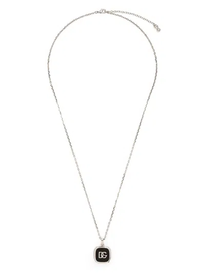 Dolce & Gabbana Silver-tone Logo Necklace In Silver,black