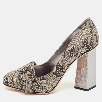 Pre-owned Dolce & Gabbana Silver/beige Floral Jacquard Bellucci Pumps Size 37.5