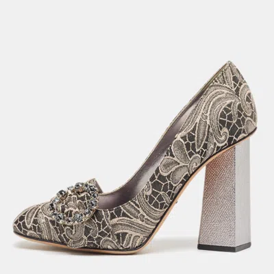 Pre-owned Dolce & Gabbana Silver/beige Jacquard Floral Crystal Pumps Size 37
