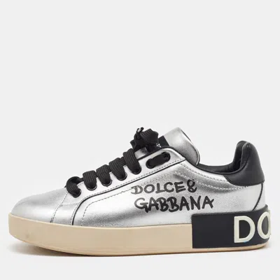 Pre-owned Dolce & Gabbana Silver/black Leather Low Top Sneakers Size 35