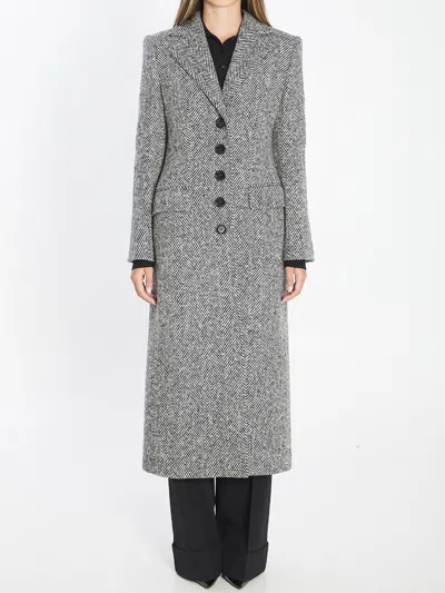 Dolce & Gabbana Chevron Pattern Single-breasted Wool Coat In Gray