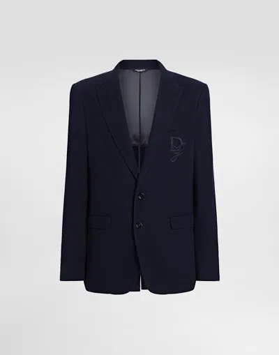 Dolce & Gabbana Single-breasted Cotton Jersey Jacket With Logo Embroidery In Blue