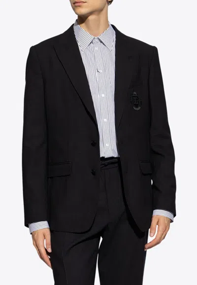 Dolce & Gabbana Single-breasted Dg Logo Wool Blazer In Blue