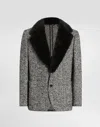Dolce & Gabbana Single-breasted Dotted Wool Jacket With Fur Collar In Gray
