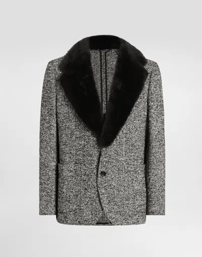 Dolce & Gabbana Single-breasted Dotted Wool Jacket With Fur Collar In Gray