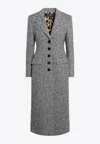Dolce & Gabbana Single-breasted Herringbone Wool Long Coat In Gray