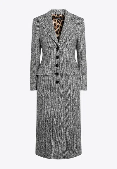 DOLCE & GABBANA SINGLE-BREASTED HERRINGBONE WOOL LONG COAT