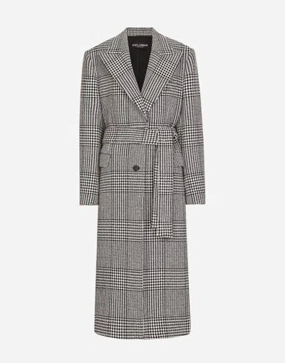 DOLCE & GABBANA SINGLE-BREASTED HOUNDSTOOTH CHECK COAT WITH BELT