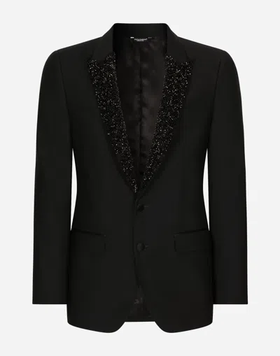 Dolce & Gabbana Single-breasted Martini-fit Jacket With Embroidered Lapels In Black