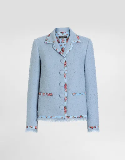 Dolce & Gabbana Women's Floral Trim Tweed Cotton-silk Jacket In Blue