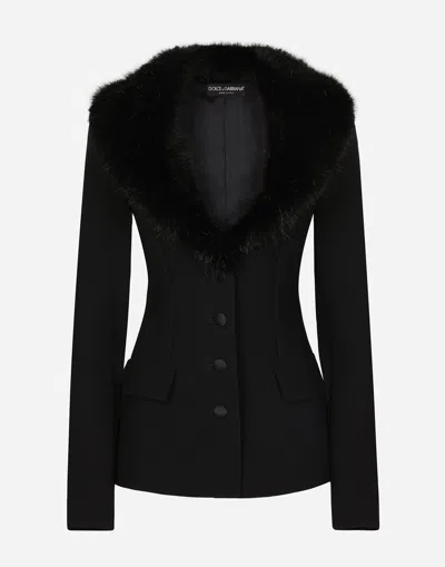 DOLCE & GABBANA SINGLE-BREASTED WOOL JACKET WITH FAUX FUR COLLAR