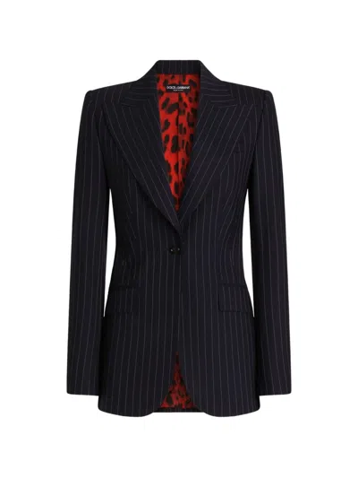 Dolce & Gabbana Single-breasted Blazer In Blue With Thin Stripes