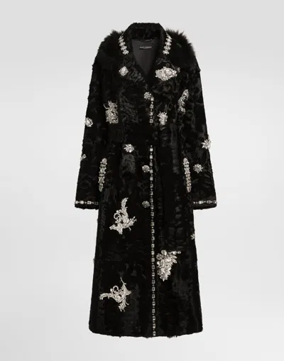 Dolce & Gabbana Single-breasted Shearling Coat With Embroidery In Black