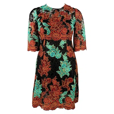 Pre-owned Dolce & Gabbana Size 10 Black Green Brown Floral Lace 3/4 Sleeves Knee Length Dress
