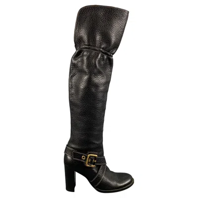 Pre-owned Dolce & Gabbana Size 10 Black Leather Pebble Grain Ankle Strap Boots