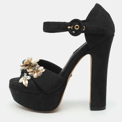 Pre-owned Dolce & Gabbana Size 35 Black Floral Fabric Embellished Platform Ankle Strap Sandals