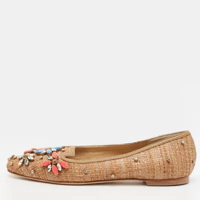 Pre-owned Dolce & Gabbana Size 35 Brown Raffia Embellished Smoking Slippers
