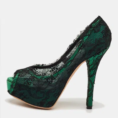 Pre-owned Dolce & Gabbana Size 35 Green/black Lace Peep Toe Platform Pumps