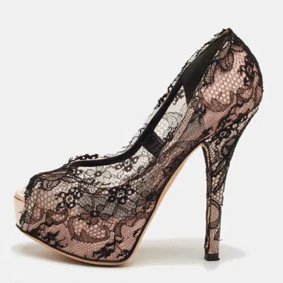 Pre-owned Dolce & Gabbana Size 35 Light Pink/black Lace Platform Peep Toe Pumps