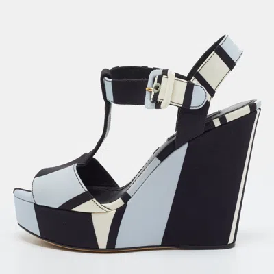 Pre-owned Dolce & Gabbana Size 35 Tricolor Canvas Wedge Platform T-strap Sandals In Black
