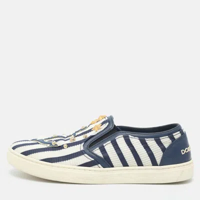 Pre-owned Dolce & Gabbana Size 35 White/blue Mesh And Leather Studded Slip On Sneakers