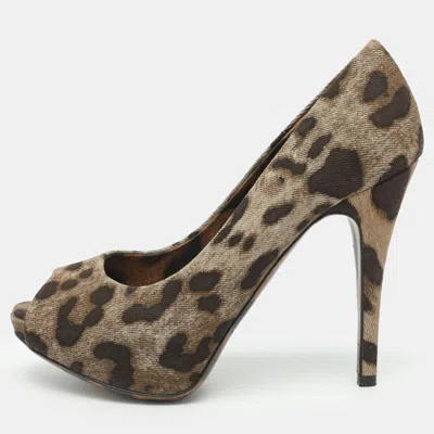Pre-owned Dolce & Gabbana Size 36 Beige Leopard Print Denim Peep Toe Platform Pumps In Sand