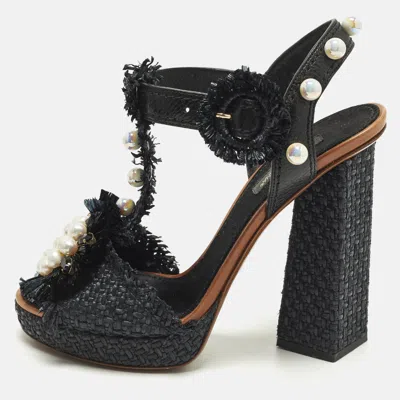 Pre-owned Dolce & Gabbana Size 36 Black Leather And Raffia Faux Pearls T Strap Sandals